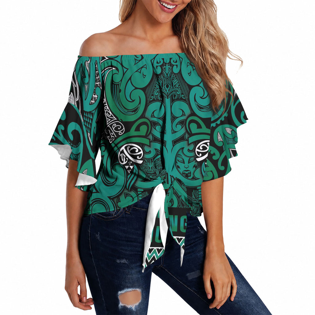 Aotearoa Iwi Ngai Tahu Off Shoulder Wrap Waist Top Maori Wharenui House Tribal Pattern
