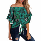 Aotearoa Iwi Ngai Tahu Off Shoulder Wrap Waist Top Maori Wharenui House Tribal Pattern