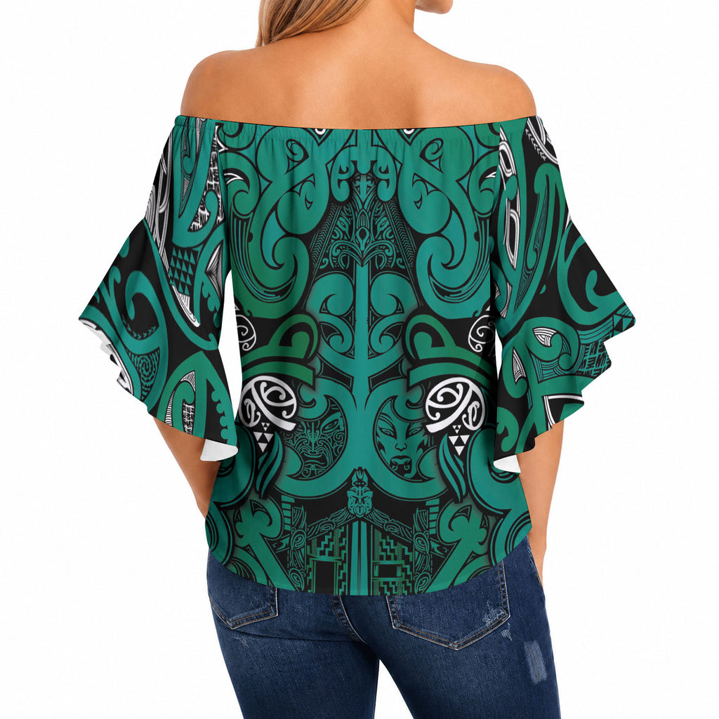 Aotearoa Iwi Ngai Tahu Off Shoulder Wrap Waist Top Maori Wharenui House Tribal Pattern