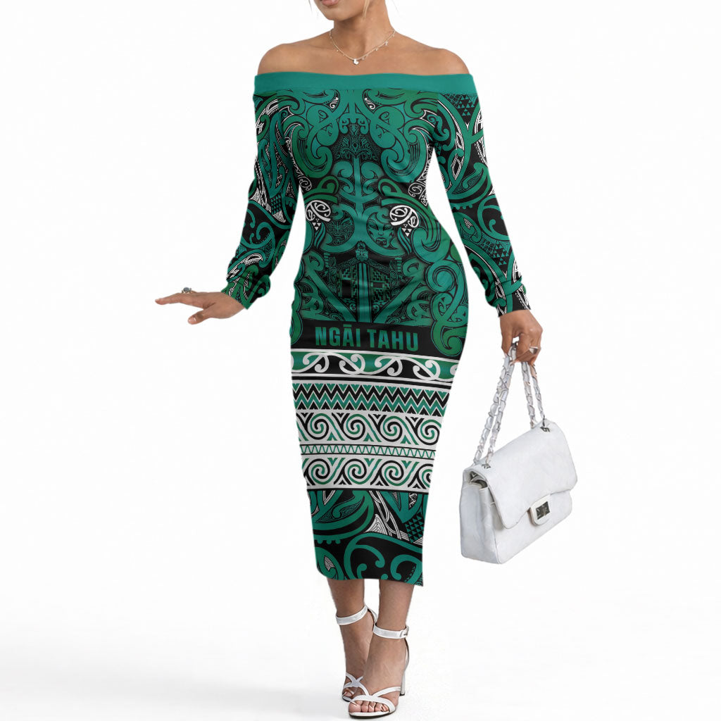 Aotearoa Iwi Ngai Tahu Off The Shoulder Long Sleeve Dress Maori Wharenui House Tribal Pattern