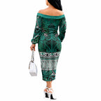 Aotearoa Iwi Ngai Tahu Off The Shoulder Long Sleeve Dress Maori Wharenui House Tribal Pattern