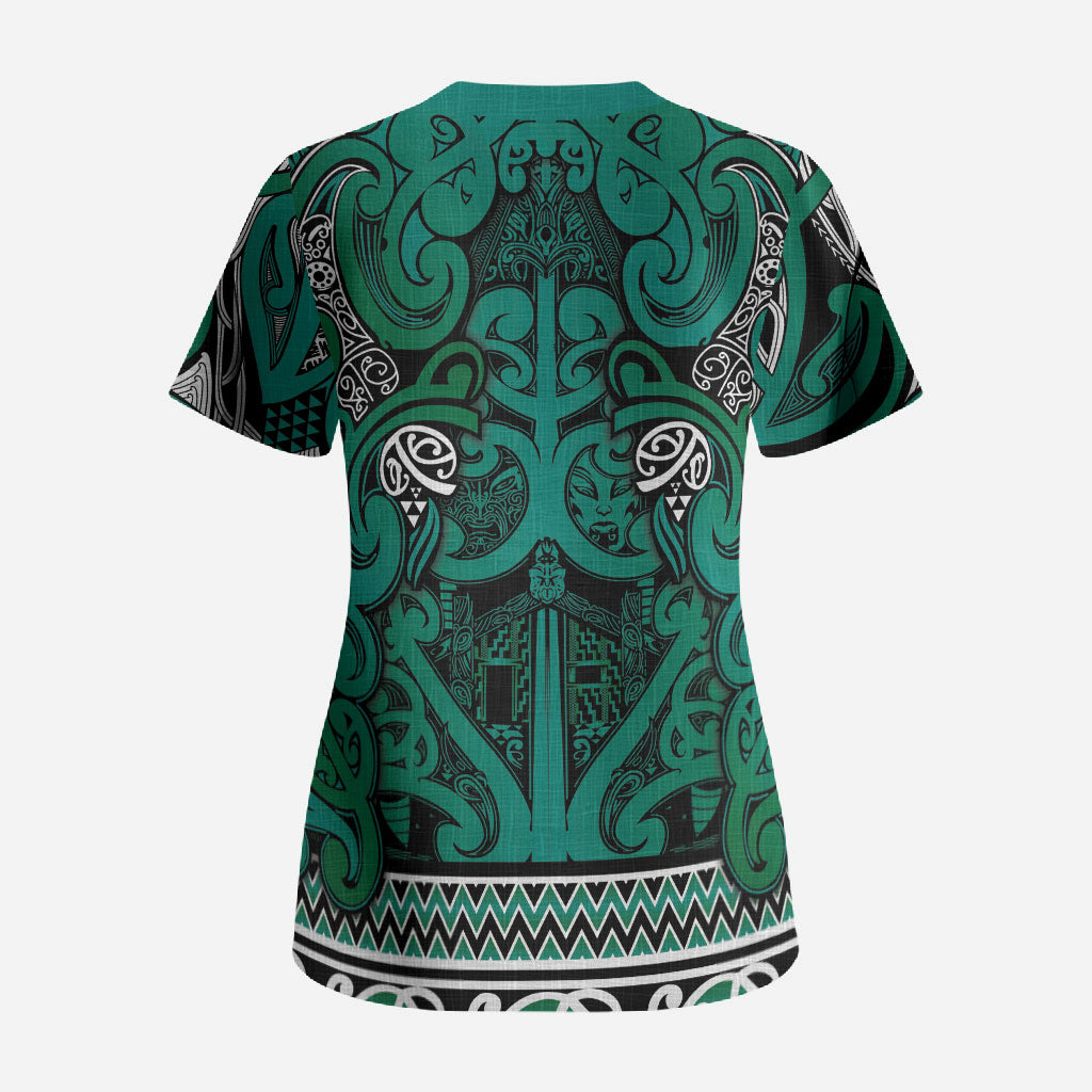 Aotearoa Iwi Ngai Tahu Scrub Top Maori Wharenui House Tribal Pattern