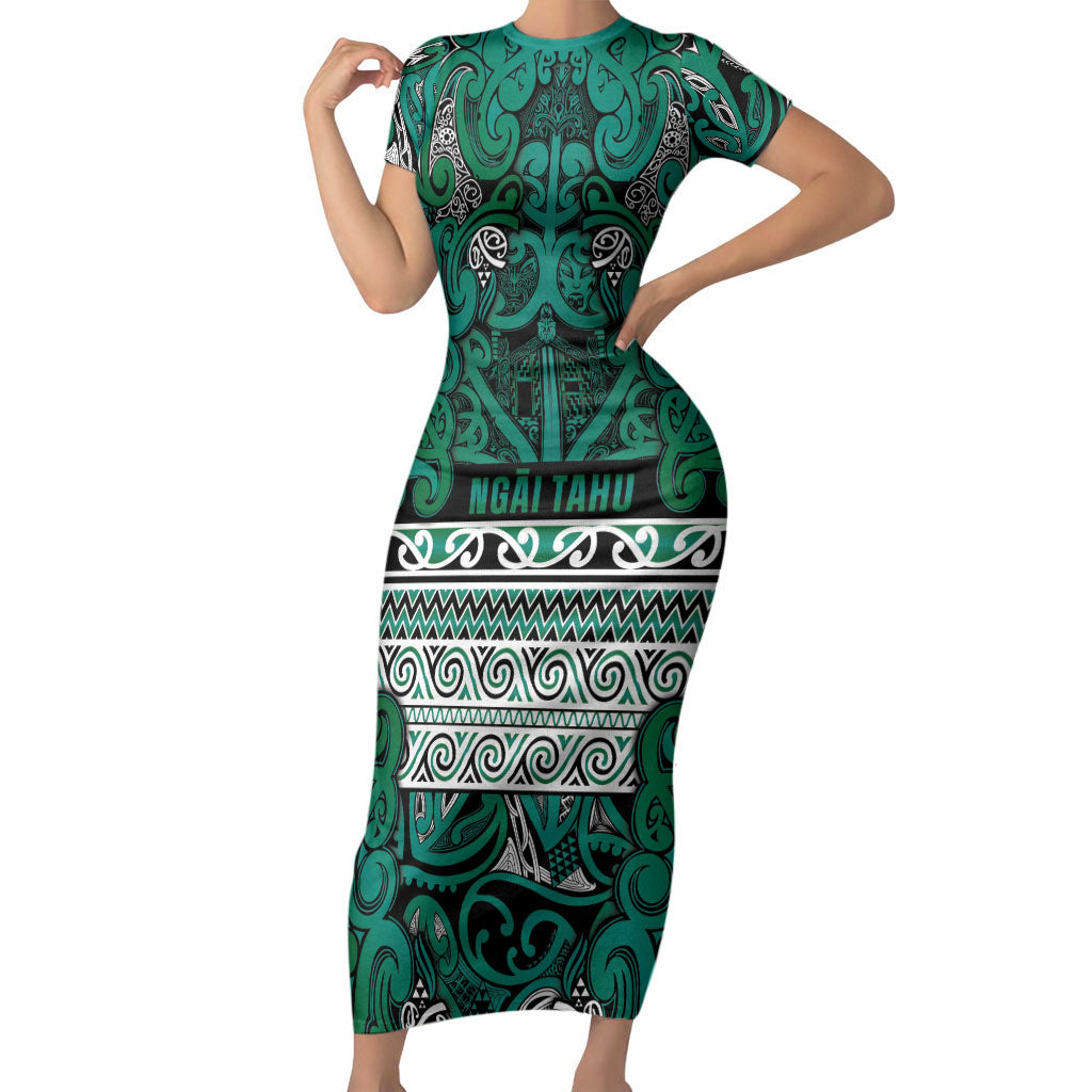 Aotearoa Iwi Ngai Tahu Short Sleeve Bodycon Dress Maori Wharenui House Tribal Pattern