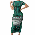 Aotearoa Iwi Ngai Tahu Short Sleeve Bodycon Dress Maori Wharenui House Tribal Pattern