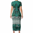 Aotearoa Iwi Ngai Tahu Short Sleeve Bodycon Dress Maori Wharenui House Tribal Pattern