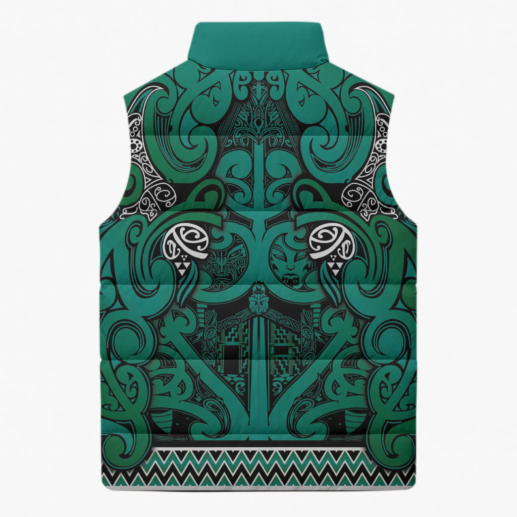Aotearoa Iwi Ngai Tahu Sleeveless Puffer Jacket Maori Wharenui House Tribal Pattern