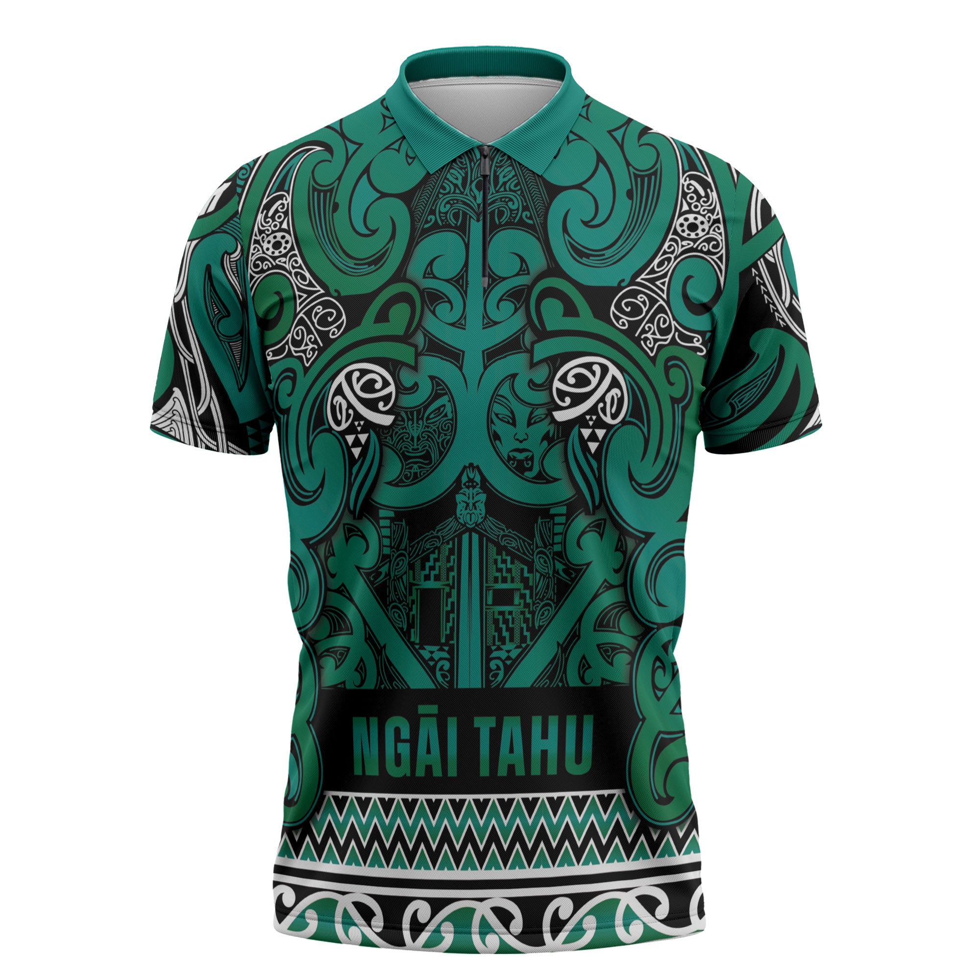 Aotearoa Iwi Ngai Tahu Zipper Polo Shirt Maori Wharenui House Tribal Pattern