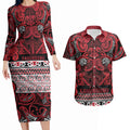 Aotearoa Iwi Ngati Kahungunu Couples Matching Long Sleeve Bodycon Dress and Hawaiian Shirt Maori Wharenui House Tribal Pattern