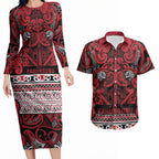 Aotearoa Iwi Ngati Kahungunu Couples Matching Long Sleeve Bodycon Dress and Hawaiian Shirt Maori Wharenui House Tribal Pattern