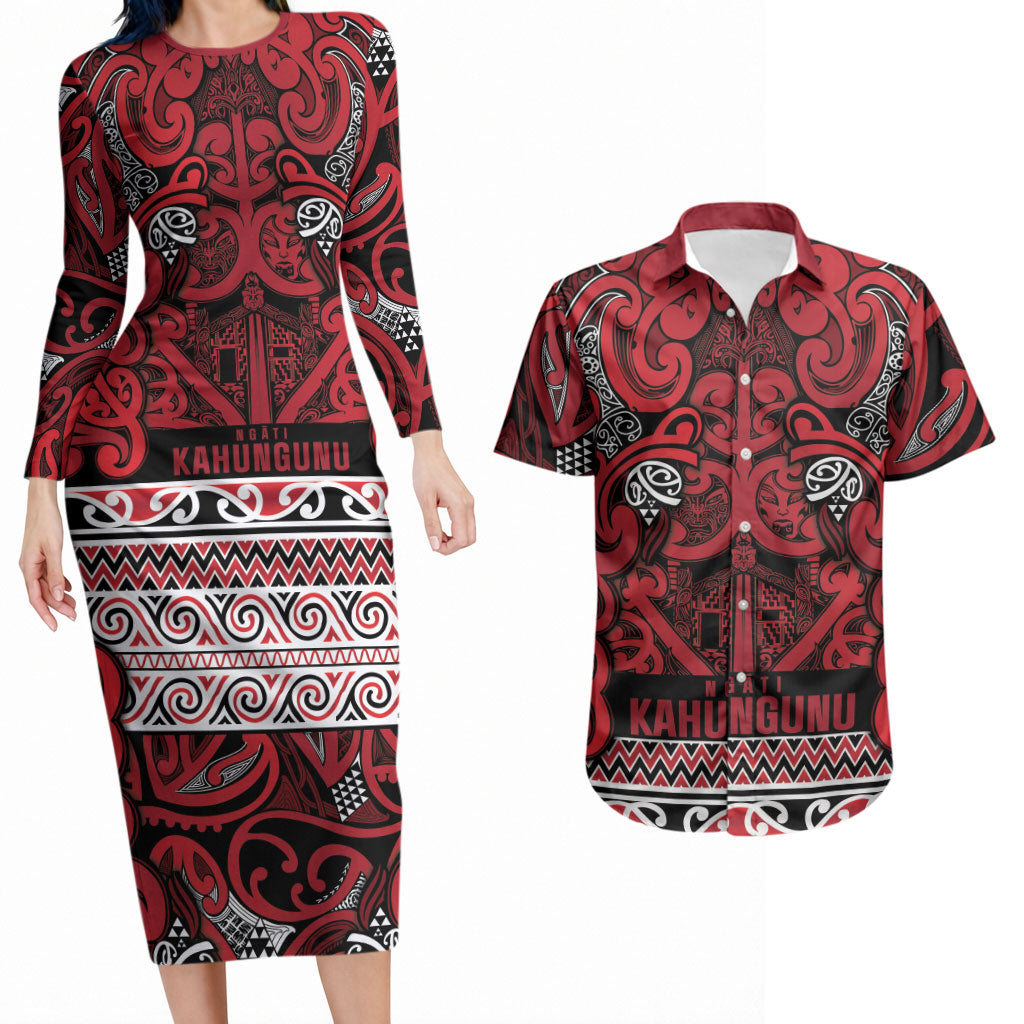 Aotearoa Iwi Ngati Kahungunu Couples Matching Long Sleeve Bodycon Dress and Hawaiian Shirt Maori Wharenui House Tribal Pattern