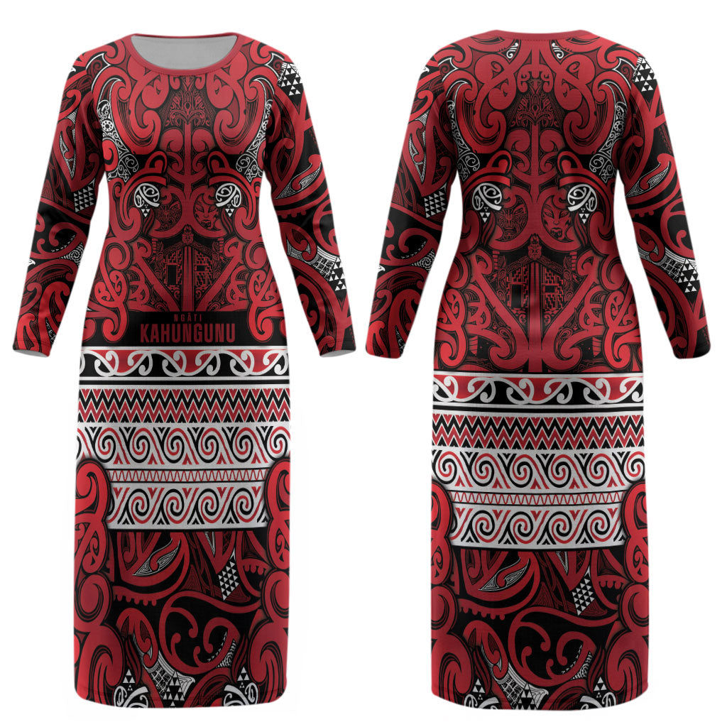 Aotearoa Iwi Ngati Kahungunu Couples Matching Long Sleeve Bodycon Dress and Hawaiian Shirt Maori Wharenui House Tribal Pattern