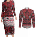 Aotearoa Iwi Ngati Kahungunu Couples Matching Long Sleeve Bodycon Dress and Long Sleeve Button Shirt Maori Wharenui House Tribal Pattern