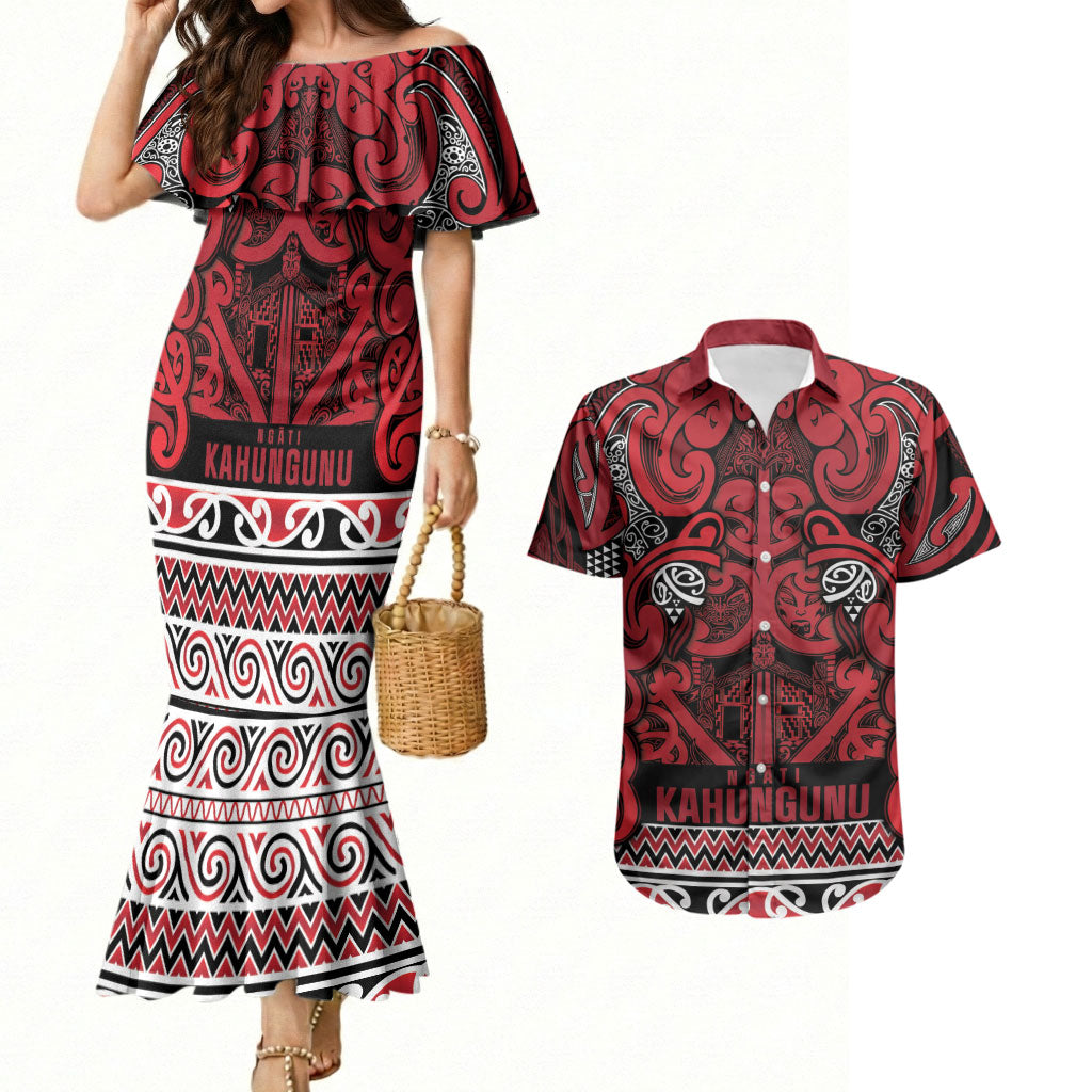 Aotearoa Iwi Ngati Kahungunu Couples Matching Mermaid Dress and Hawaiian Shirt Maori Wharenui House Tribal Pattern