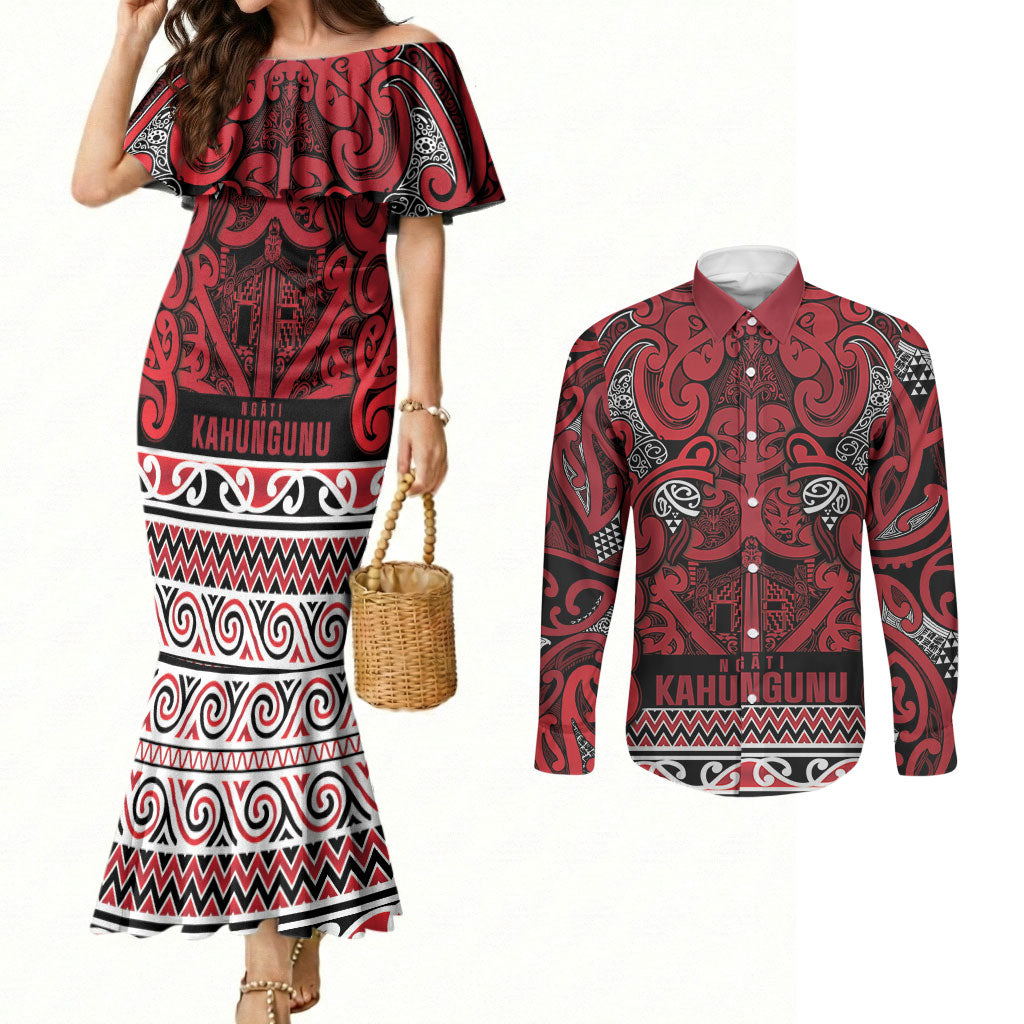 Aotearoa Iwi Ngati Kahungunu Couples Matching Mermaid Dress and Long Sleeve Button Shirt Maori Wharenui House Tribal Pattern