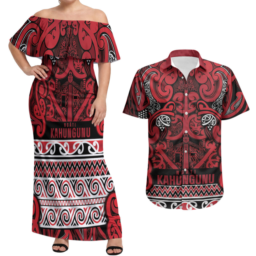 Aotearoa Iwi Ngati Kahungunu Couples Matching Off Shoulder Maxi Dress and Hawaiian Shirt Maori Wharenui House Tribal Pattern