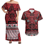 Aotearoa Iwi Ngati Kahungunu Couples Matching Off Shoulder Maxi Dress and Hawaiian Shirt Maori Wharenui House Tribal Pattern