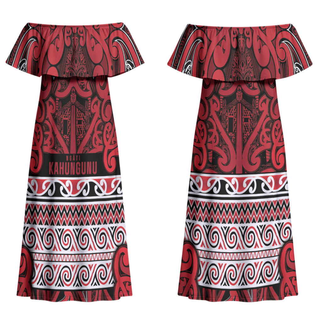 Aotearoa Iwi Ngati Kahungunu Couples Matching Off Shoulder Maxi Dress and Hawaiian Shirt Maori Wharenui House Tribal Pattern