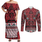 Aotearoa Iwi Ngati Kahungunu Couples Matching Off Shoulder Maxi Dress and Long Sleeve Button Shirt Maori Wharenui House Tribal Pattern
