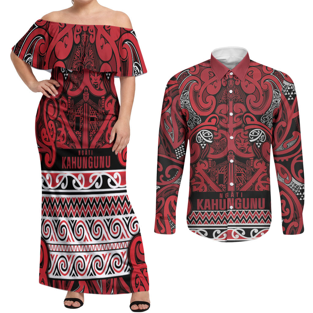 Aotearoa Iwi Ngati Kahungunu Couples Matching Off Shoulder Maxi Dress and Long Sleeve Button Shirt Maori Wharenui House Tribal Pattern