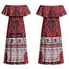 Aotearoa Iwi Ngati Kahungunu Couples Matching Off Shoulder Maxi Dress and Long Sleeve Button Shirt Maori Wharenui House Tribal Pattern