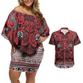Aotearoa Iwi Ngati Kahungunu Couples Matching Off Shoulder Short Dress and Hawaiian Shirt Maori Wharenui House Tribal Pattern