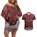 Aotearoa Iwi Ngati Kahungunu Couples Matching Off Shoulder Short Dress and Hawaiian Shirt Maori Wharenui House Tribal Pattern