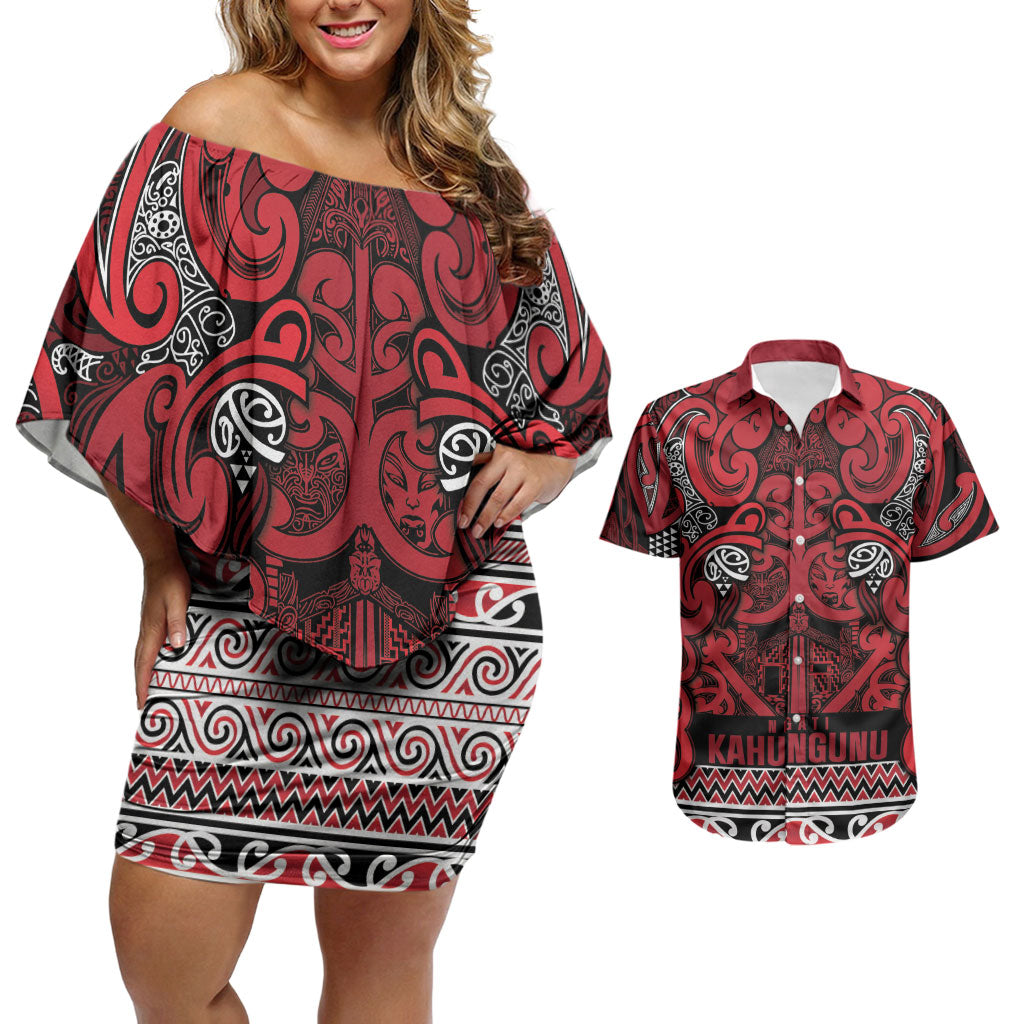 Aotearoa Iwi Ngati Kahungunu Couples Matching Off Shoulder Short Dress and Hawaiian Shirt Maori Wharenui House Tribal Pattern