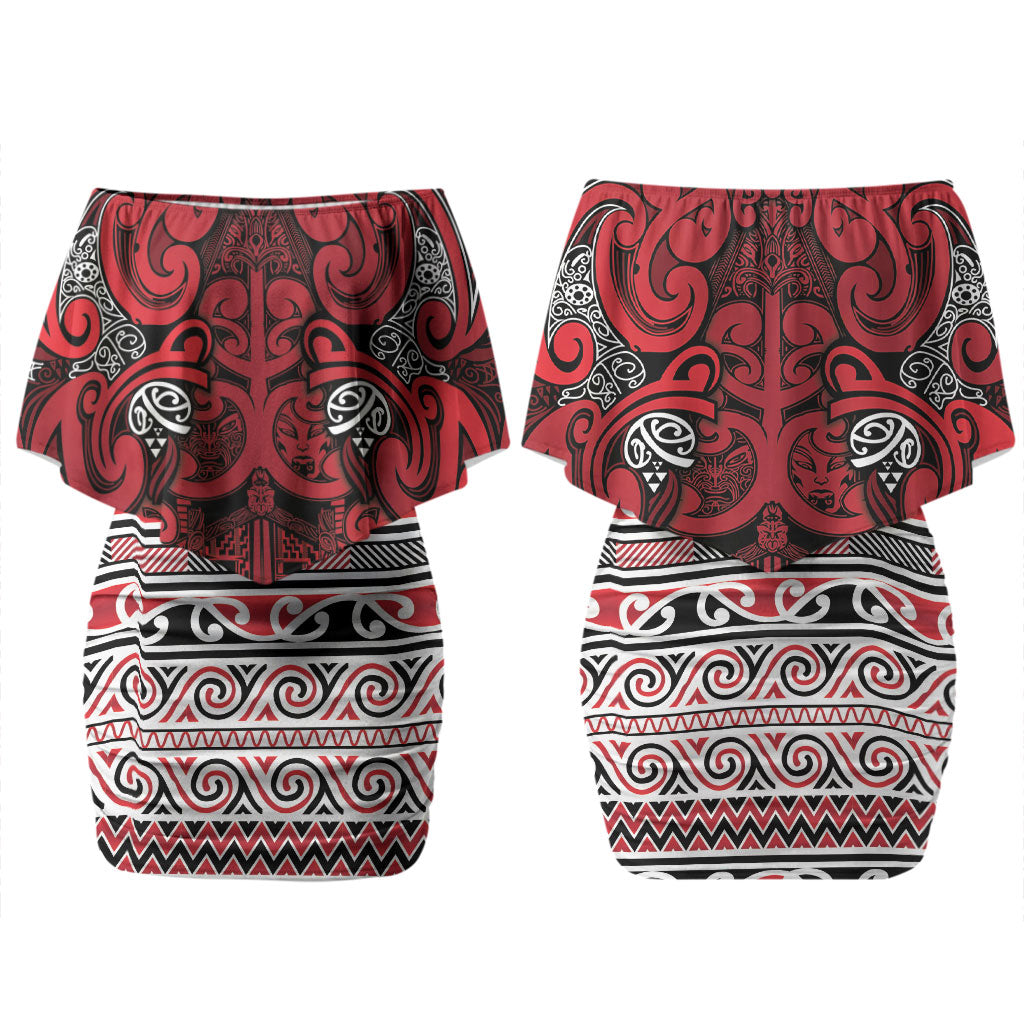 Aotearoa Iwi Ngati Kahungunu Couples Matching Off Shoulder Short Dress and Hawaiian Shirt Maori Wharenui House Tribal Pattern