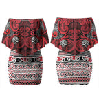 Aotearoa Iwi Ngati Kahungunu Couples Matching Off Shoulder Short Dress and Hawaiian Shirt Maori Wharenui House Tribal Pattern