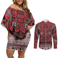 Aotearoa Iwi Ngati Kahungunu Couples Matching Off Shoulder Short Dress and Long Sleeve Button Shirt Maori Wharenui House Tribal Pattern