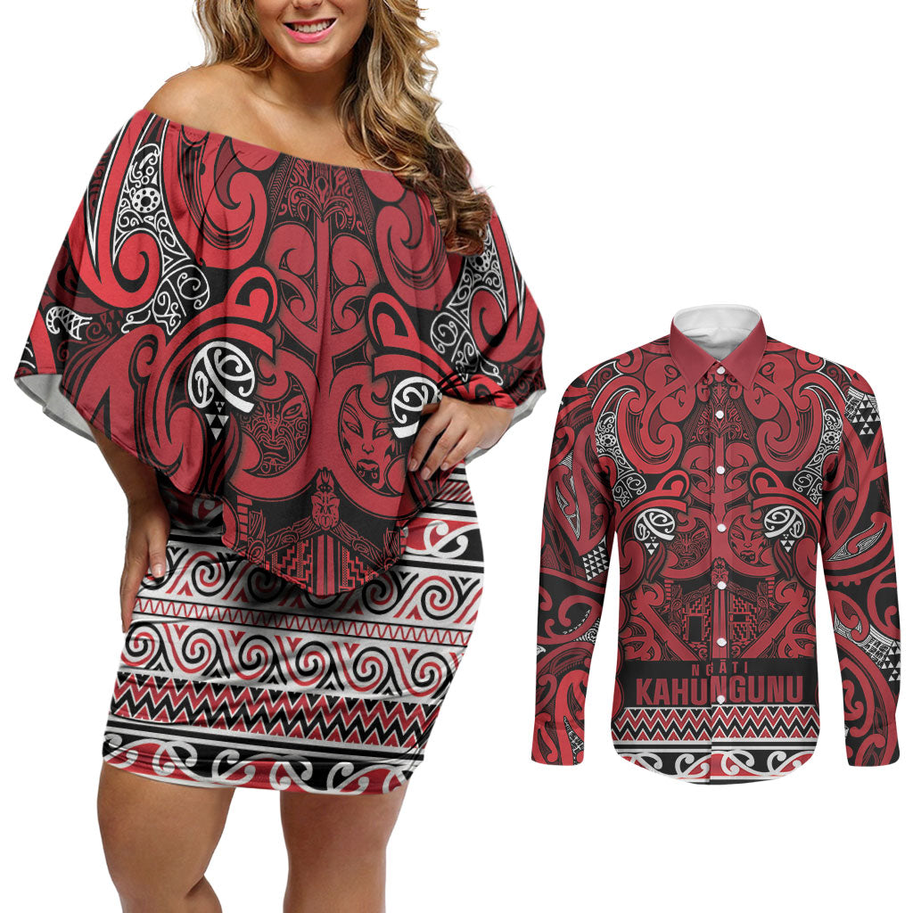 Aotearoa Iwi Ngati Kahungunu Couples Matching Off Shoulder Short Dress and Long Sleeve Button Shirt Maori Wharenui House Tribal Pattern
