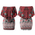 Aotearoa Iwi Ngati Kahungunu Couples Matching Off Shoulder Short Dress and Long Sleeve Button Shirt Maori Wharenui House Tribal Pattern