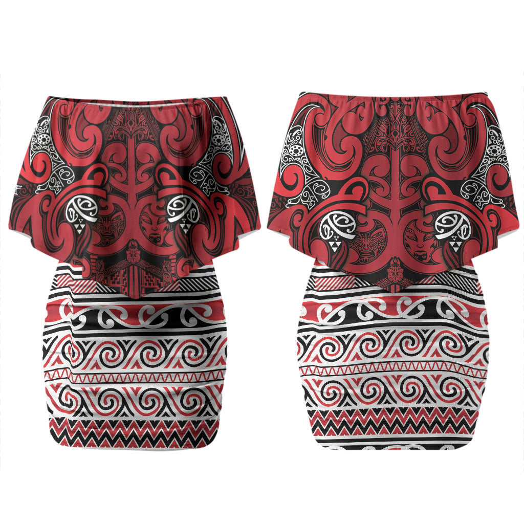 Aotearoa Iwi Ngati Kahungunu Couples Matching Off Shoulder Short Dress and Long Sleeve Button Shirt Maori Wharenui House Tribal Pattern