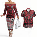 Aotearoa Iwi Ngati Kahungunu Couples Matching Off The Shoulder Long Sleeve Dress and Hawaiian Shirt Maori Wharenui House Tribal Pattern