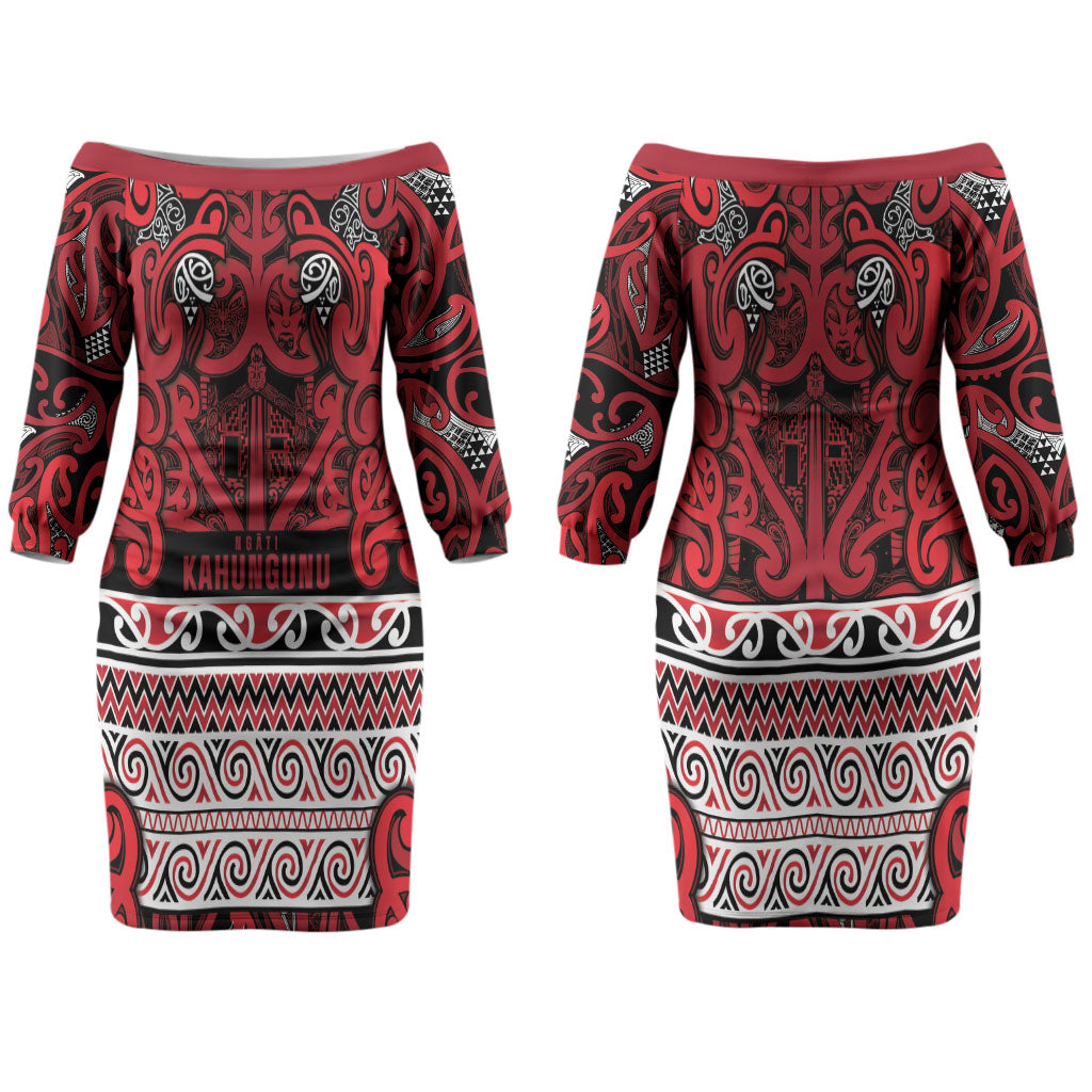 Aotearoa Iwi Ngati Kahungunu Couples Matching Off The Shoulder Long Sleeve Dress and Hawaiian Shirt Maori Wharenui House Tribal Pattern