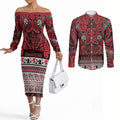 Aotearoa Iwi Ngati Kahungunu Couples Matching Off The Shoulder Long Sleeve Dress and Long Sleeve Button Shirt Maori Wharenui House Tribal Pattern