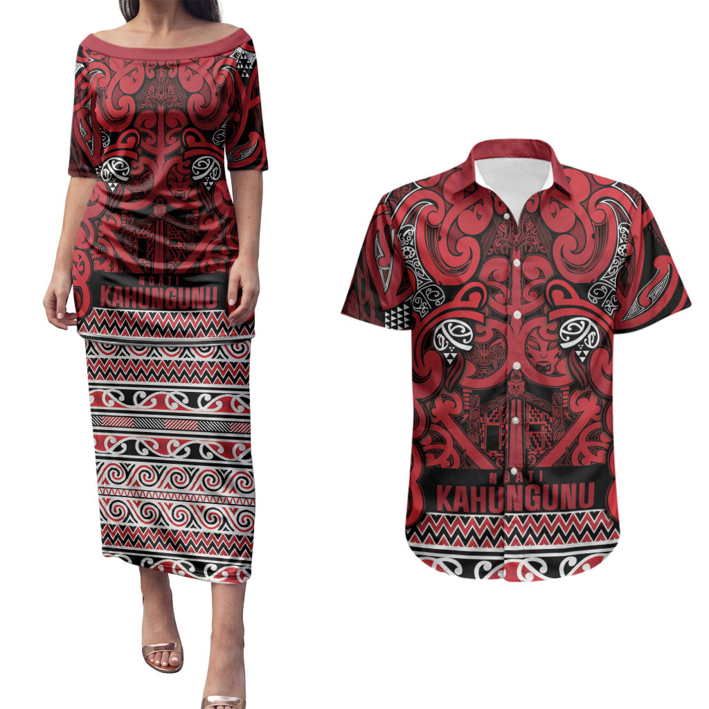Aotearoa Iwi Ngati Kahungunu Couples Matching Puletasi and Hawaiian Shirt Maori Wharenui House Tribal Pattern