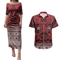 Aotearoa Iwi Ngati Kahungunu Couples Matching Puletasi and Hawaiian Shirt Maori Wharenui House Tribal Pattern