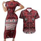Aotearoa Iwi Ngati Kahungunu Couples Matching Short Sleeve Bodycon Dress and Hawaiian Shirt Maori Wharenui House Tribal Pattern