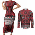 Aotearoa Iwi Ngati Kahungunu Couples Matching Short Sleeve Bodycon Dress and Long Sleeve Button Shirt Maori Wharenui House Tribal Pattern