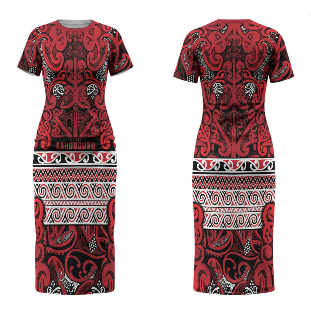 Aotearoa Iwi Ngati Kahungunu Couples Matching Short Sleeve Bodycon Dress and Long Sleeve Button Shirt Maori Wharenui House Tribal Pattern