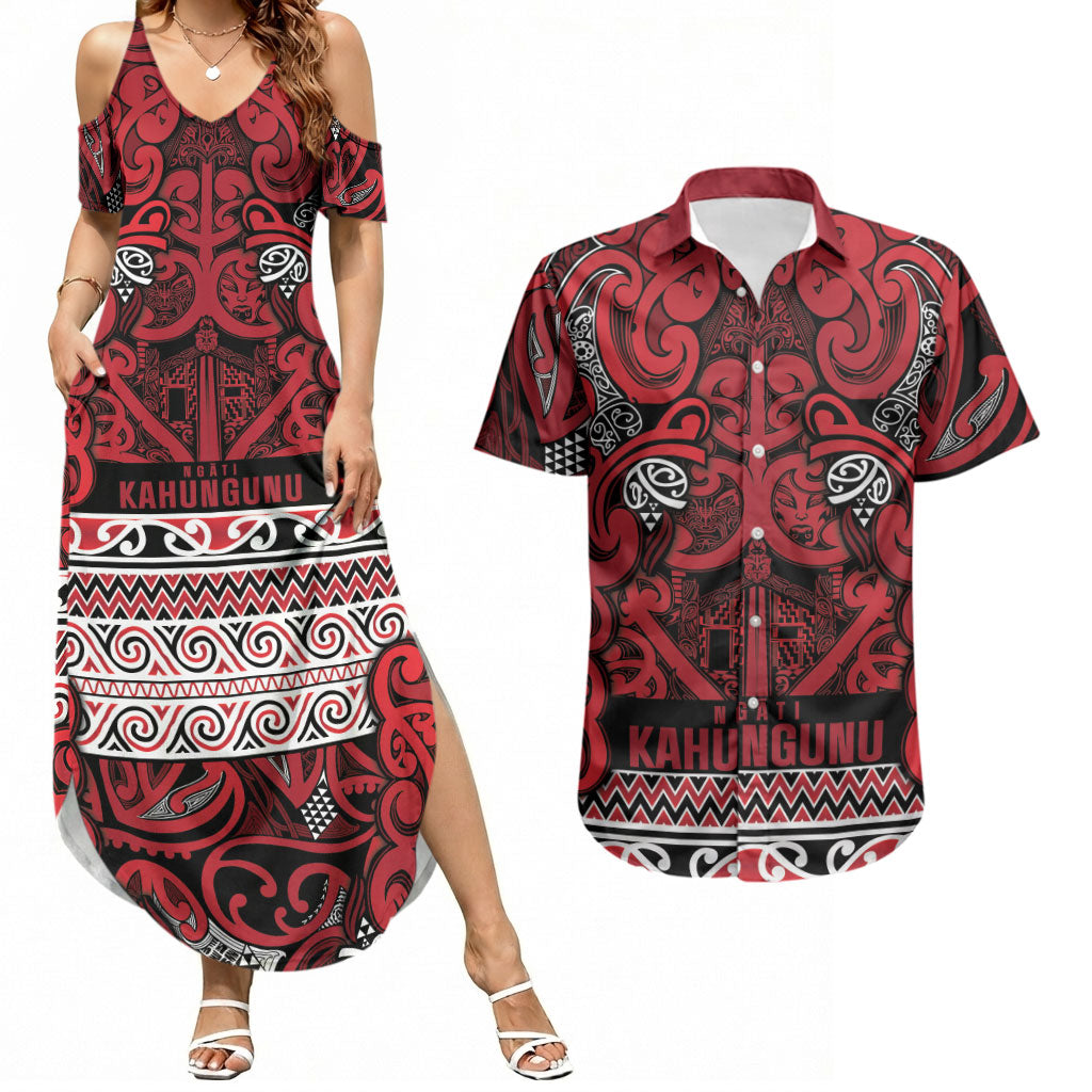 Aotearoa Iwi Ngati Kahungunu Couples Matching Summer Maxi Dress and Hawaiian Shirt Maori Wharenui House Tribal Pattern
