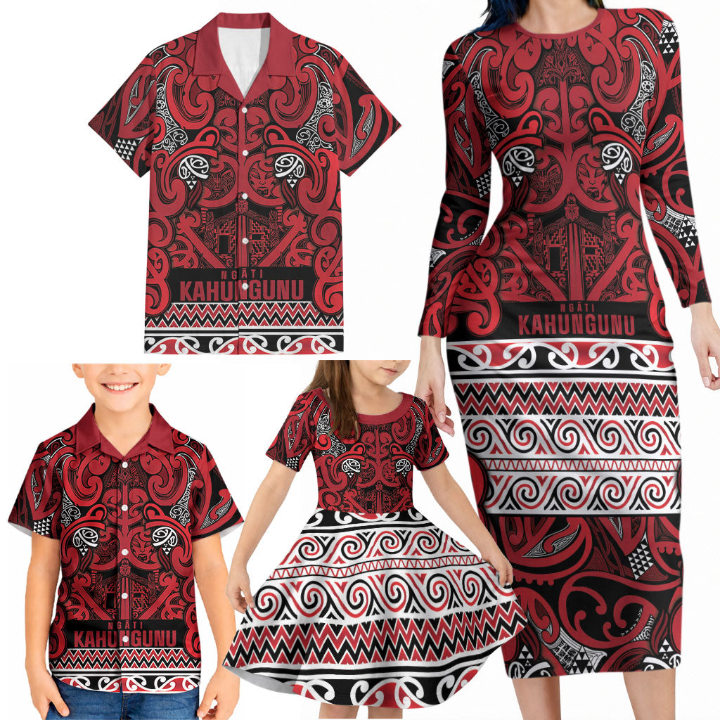 Aotearoa Iwi Ngati Kahungunu Family Matching Long Sleeve Bodycon Dress and Hawaiian Shirt Maori Wharenui House Tribal Pattern