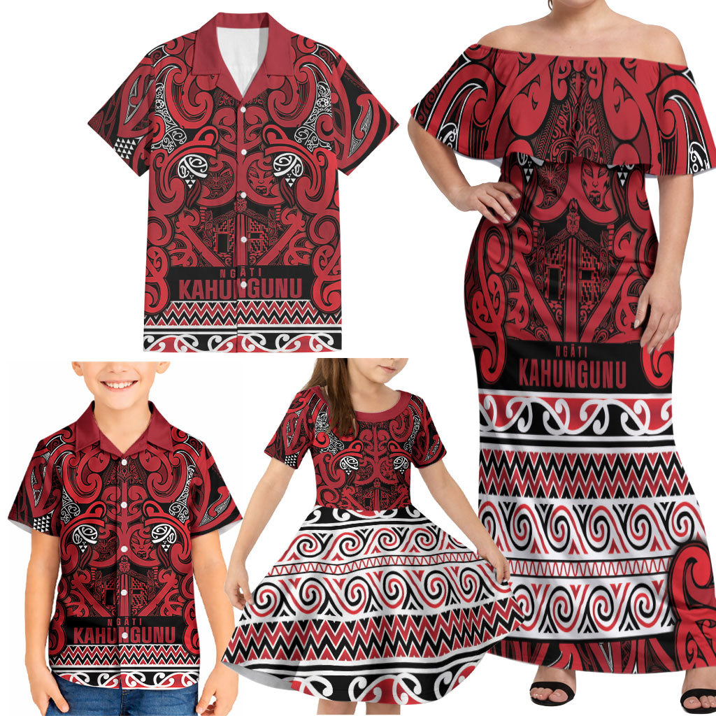 Aotearoa Iwi Ngati Kahungunu Family Matching Off Shoulder Maxi Dress and Hawaiian Shirt Maori Wharenui House Tribal Pattern
