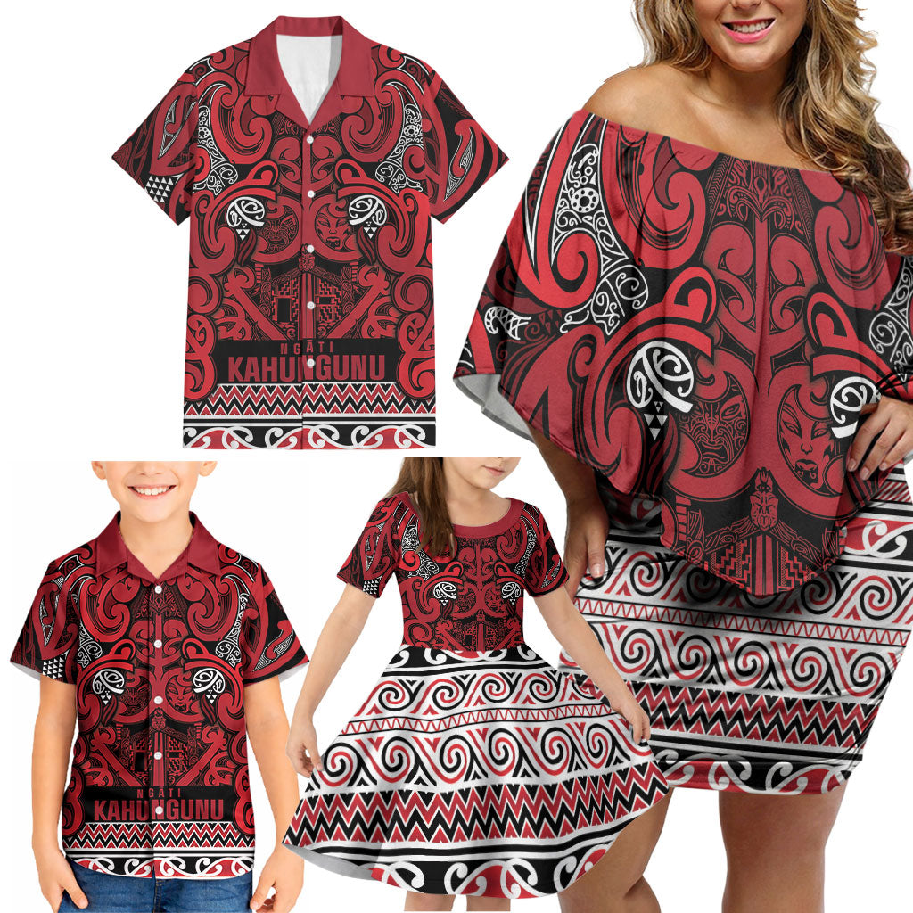 Aotearoa Iwi Ngati Kahungunu Family Matching Off Shoulder Short Dress and Hawaiian Shirt Maori Wharenui House Tribal Pattern