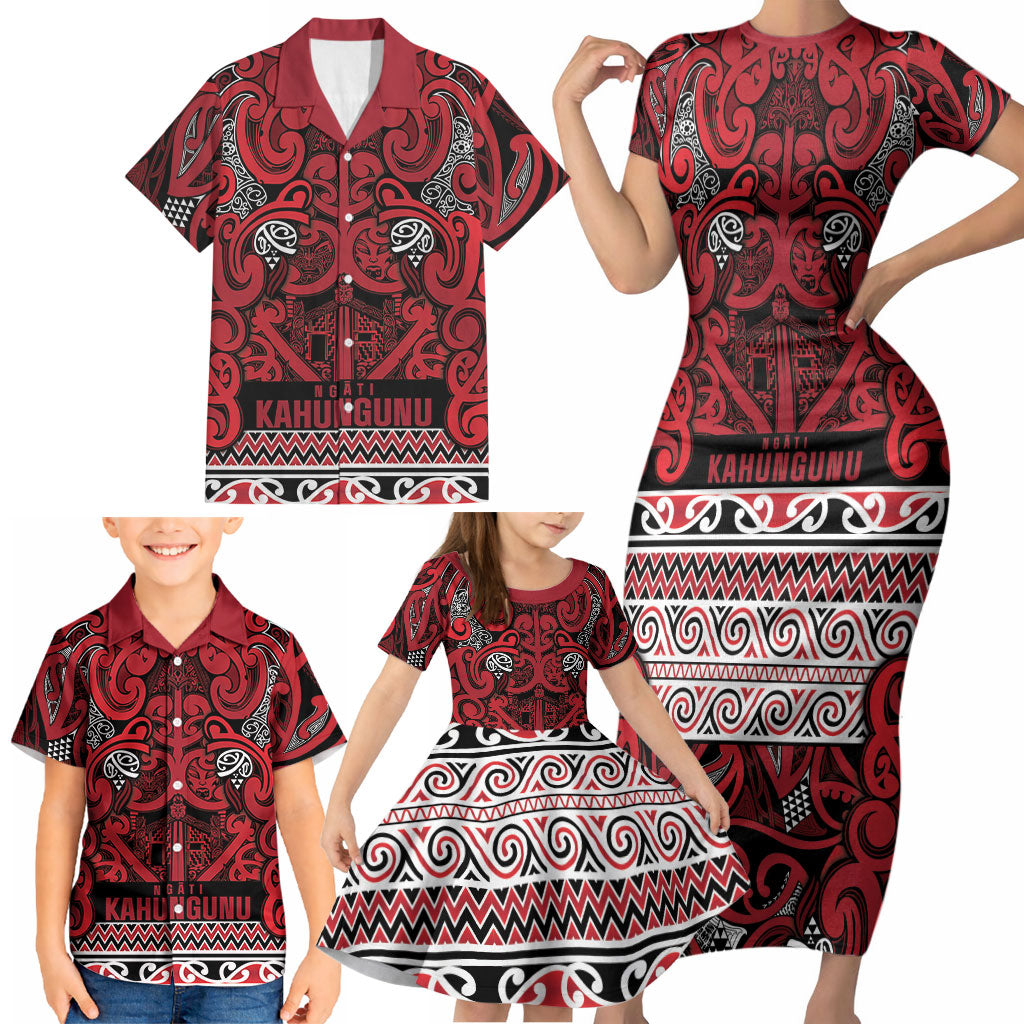 Aotearoa Iwi Ngati Kahungunu Family Matching Short Sleeve Bodycon Dress and Hawaiian Shirt Maori Wharenui House Tribal Pattern