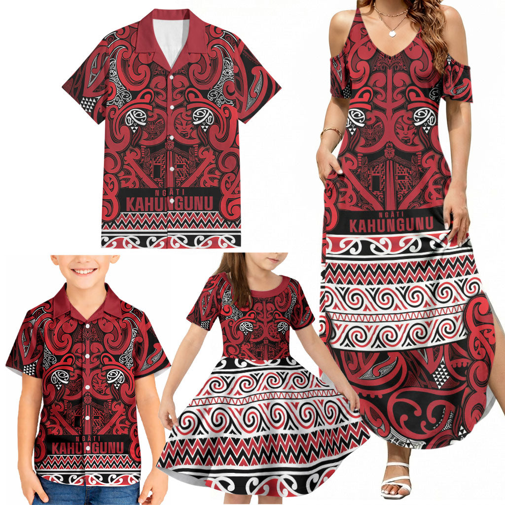 Aotearoa Iwi Ngati Kahungunu Family Matching Summer Maxi Dress and Hawaiian Shirt Maori Wharenui House Tribal Pattern