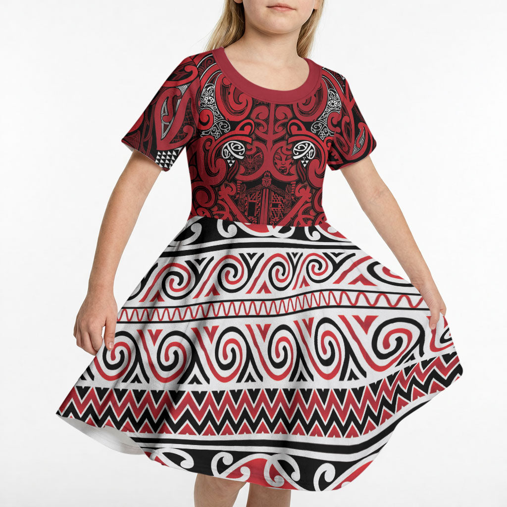 Aotearoa Iwi Ngati Kahungunu Kid Short Sleeve Dress Maori Wharenui House Tribal Pattern
