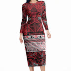 Aotearoa Iwi Ngati Kahungunu Long Sleeve Bodycon Dress Maori Wharenui House Tribal Pattern
