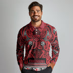 Aotearoa Iwi Ngati Kahungunu Long Sleeve Polo Shirt Maori Wharenui House Tribal Pattern